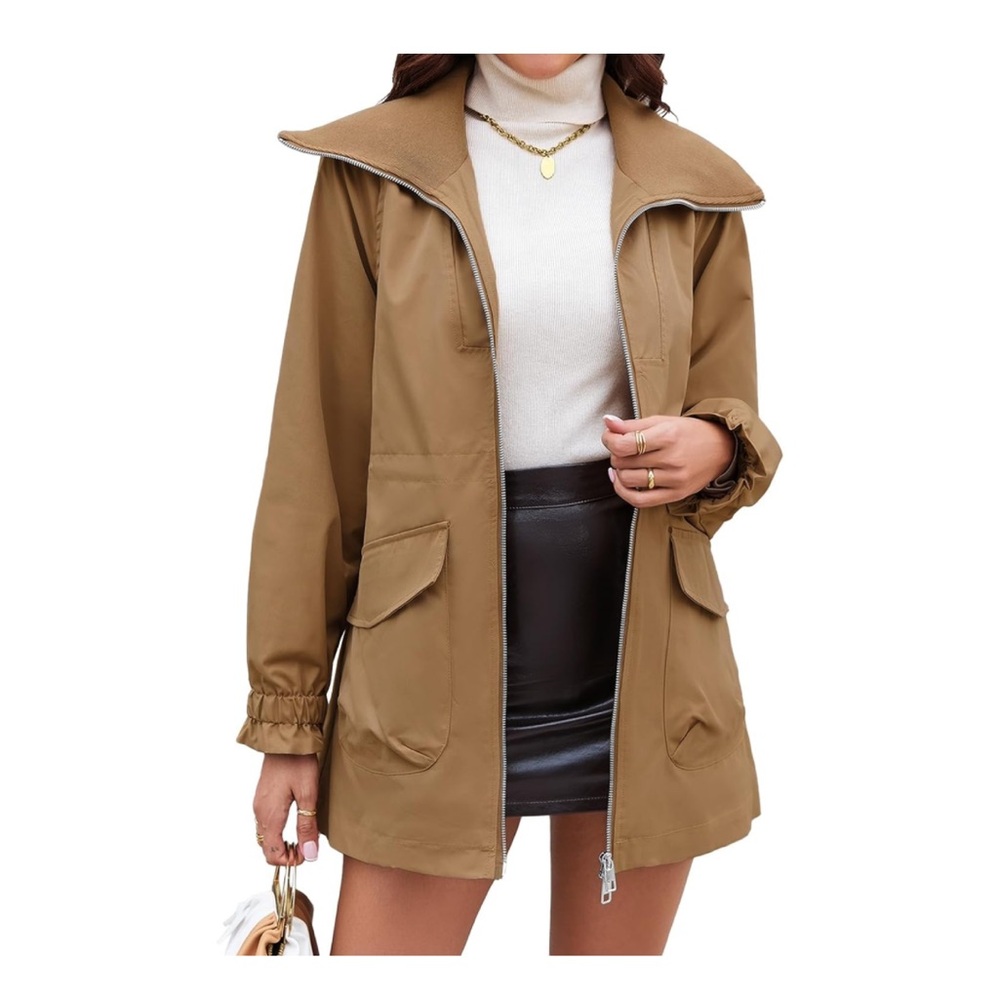 Tan Trench Coat with Wide Collar and Mid-Length Design